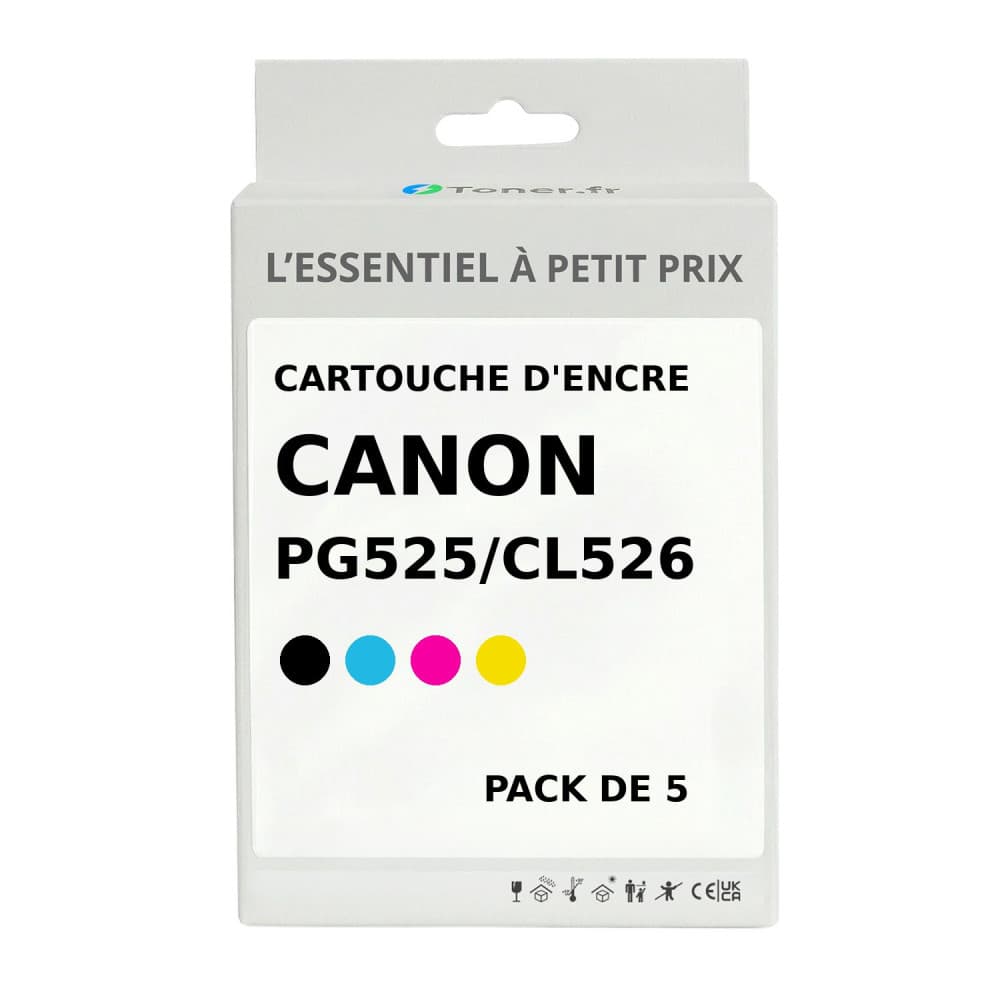 Pack de 5 cartouches d'encre compatibles Canon PGI525/CL526 Noir et couleurs