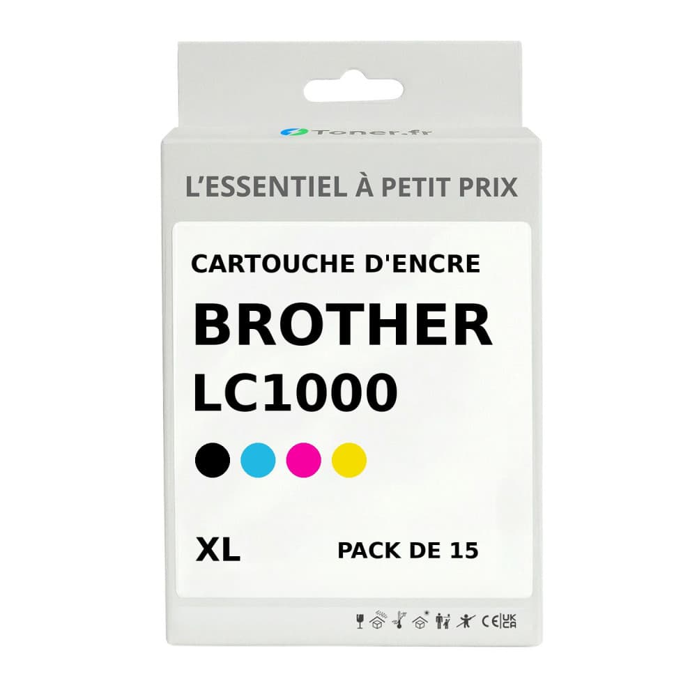 Pack de 15 cartouches d'encre compatibles Brother LC1000 XL Noir et couleurs